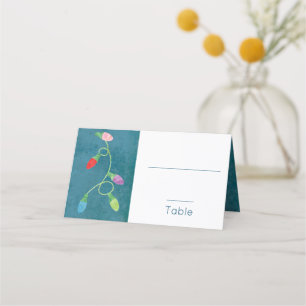 Colourful Christmas Lights on Blue Background Place Card