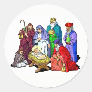 Colourful Christmas Nativity Scene Classic Round Sticker