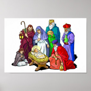 Colourful Christmas Nativity Scene Poster
