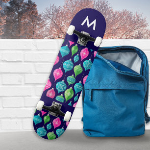 Colourful Christmas Ornaments Monogrammed Skateboard