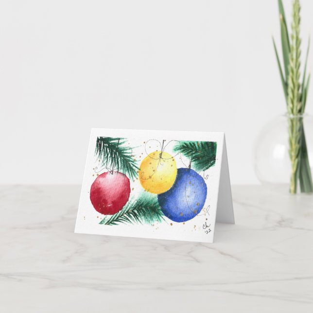 Colourful Christmas ornaments, Print of watercolor Note Card (Front)