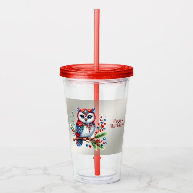 Colourful Christmas Owl Holiday Acrylic Tumbler (Front)