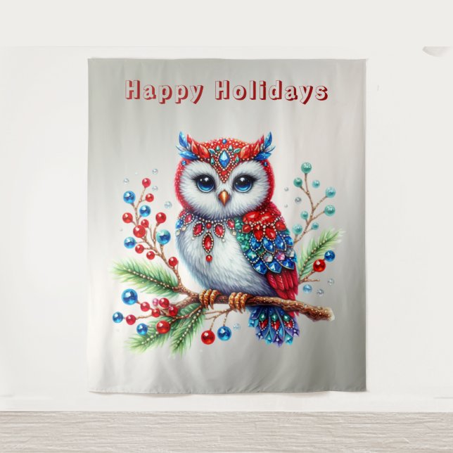 Colourful Christmas Owl Holiday Backdrop Tapestry (Front)