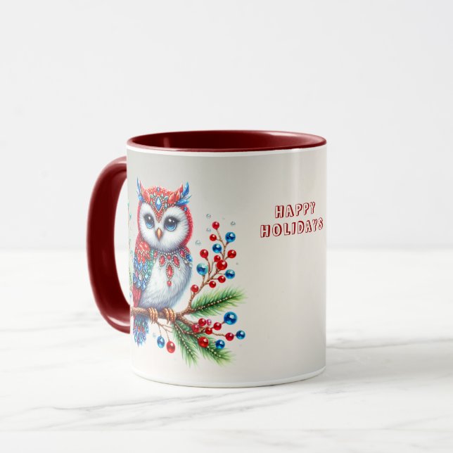 Colourful Christmas Owl Holiday Mug (Front Left)