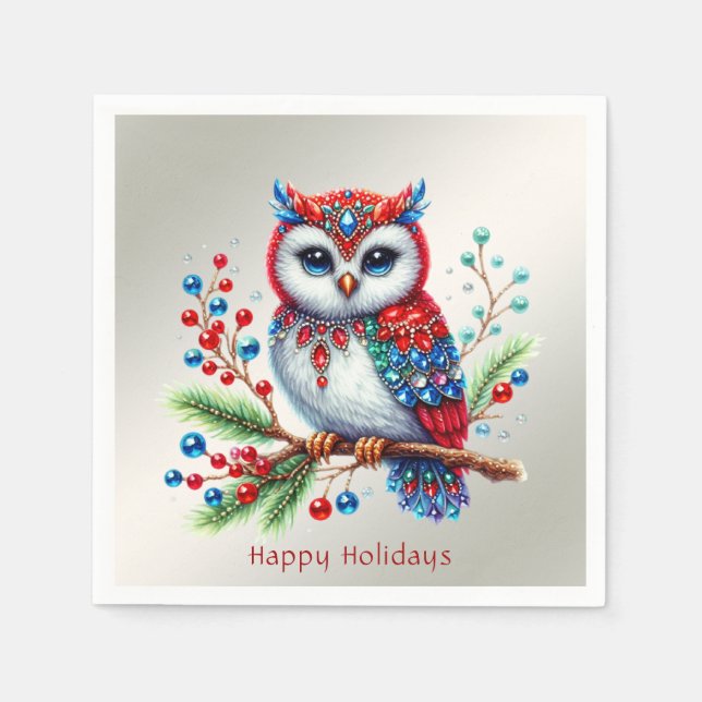 Colourful Christmas Owl Holiday Napkin (Front)