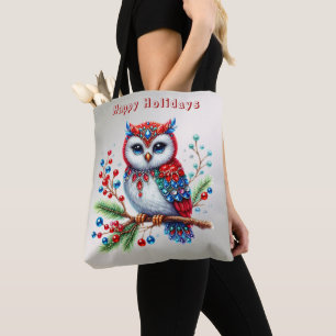 Colourful Christmas Owl Holiday Tote Bag