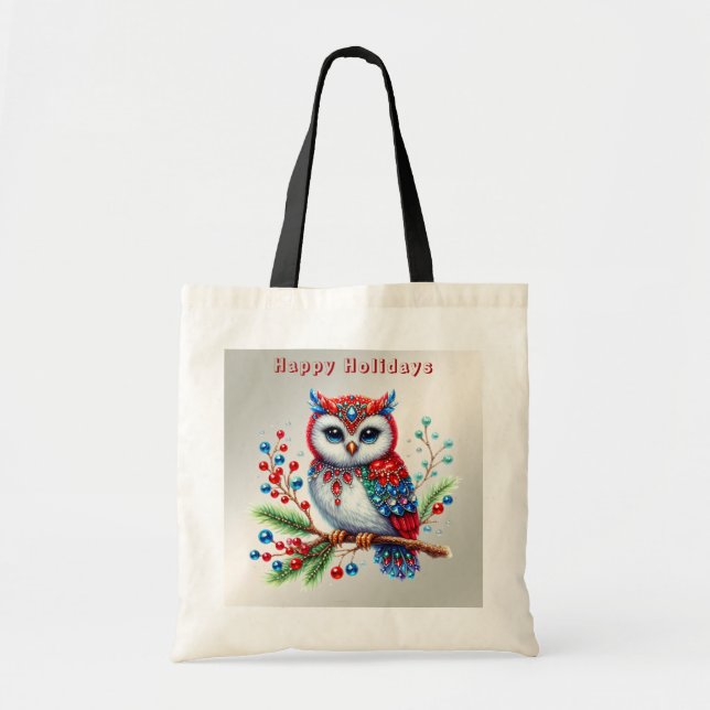 Colourful Christmas Owl Holiday Tote Bag (Front)