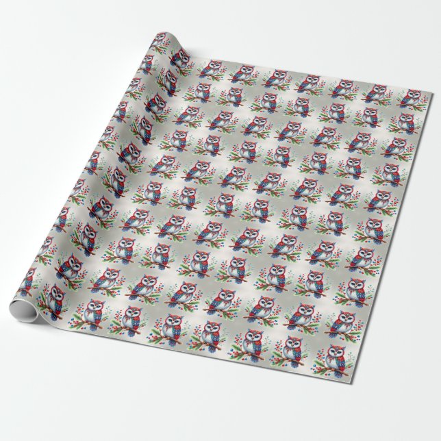 Colourful Christmas Owl Holiday Wrapping Paper (Unrolled)