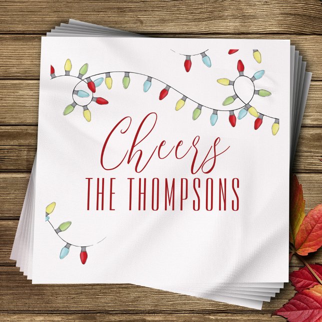 Colourful Christmas Party Cheers Custom Napkin (Cheers custom whimsical holiday bulb lights paper napkin.)