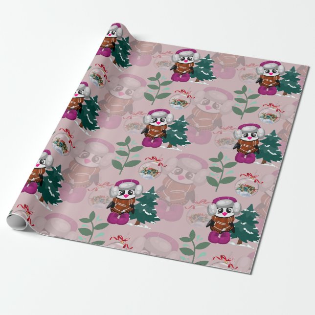 Colourful Christmas Pattern Cute Christmas Penguin Wrapping Paper (Unrolled)