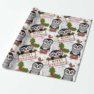 Colourful Christmas Pattern Cute Penguin Wrapping Paper