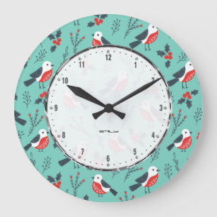 Colourful Christmas Pattern With Cute Birds Large Clock