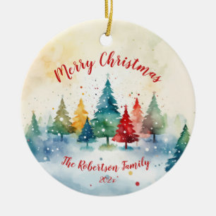 Colourful Christmas Pine Trees Ceramic Ornament