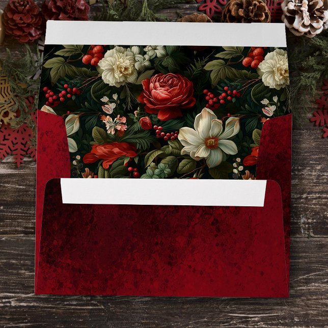 Colourful Christmas Roses, Pine and Holly Wedding Envelope (Creator Uploaded)