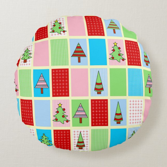 Colourful Christmas Squares Round Cushion (Front)