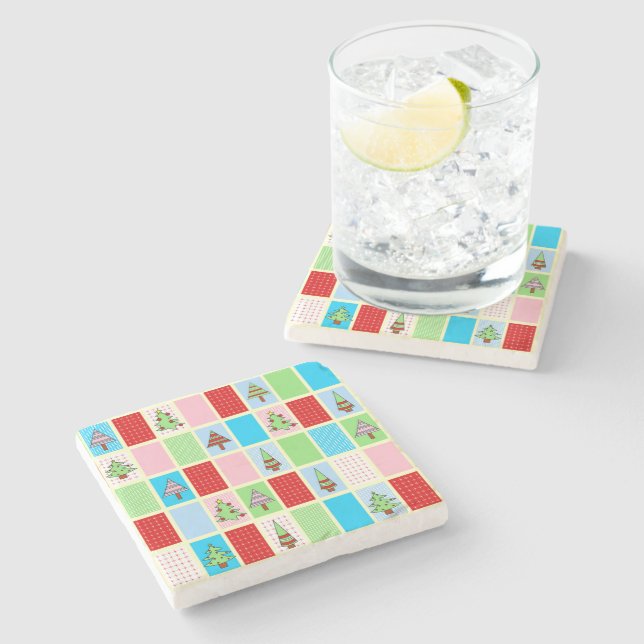 Colourful Christmas Squares Stone Coaster (Side)