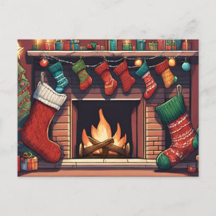 Colourful Christmas Stockings and Fireplace Postcard