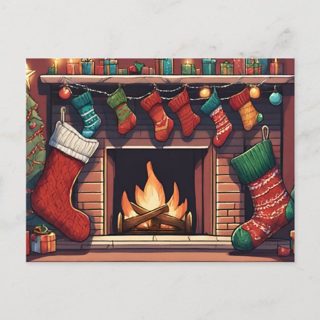 Colourful Christmas Stockings and Fireplace  Postcard (Front)