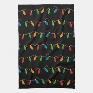 Colourful Christmas String Lights Rustic Holiday Tea Towel