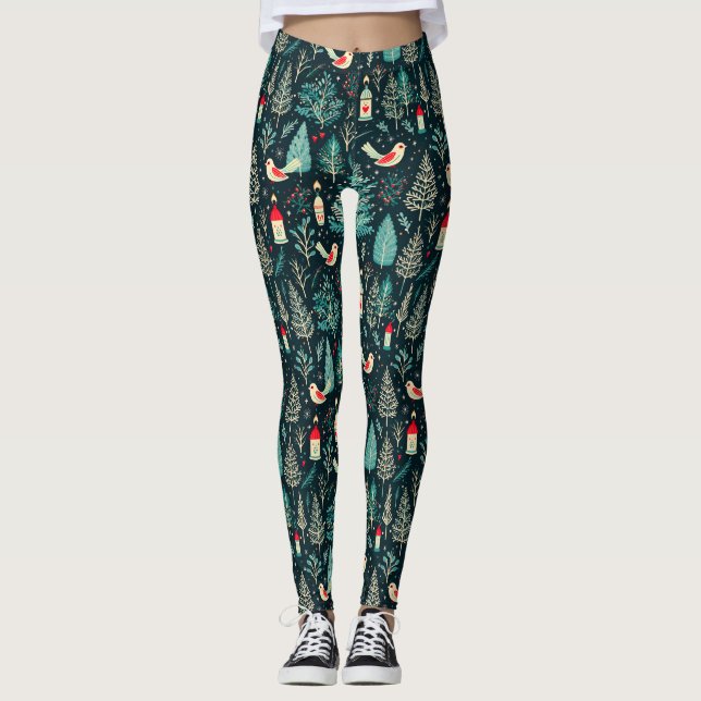 Colourful Christmas symbols and birds pattern Leggings (Front)