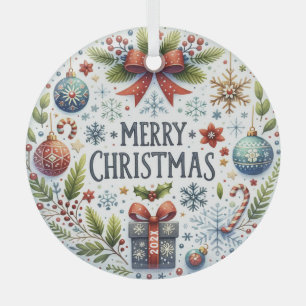 Colourful Christmas Symbols-Merry Christmas Text Glass Tree Decoration