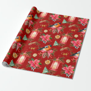 Colourful Christmas symbols pattern Red Background Wrapping Paper