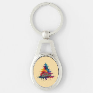 Colourful Christmas Tree Art - Merry Christmas Dec Key Ring