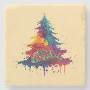 Colourful Christmas Tree Art - Merry Christmas Dec Stone Coaster