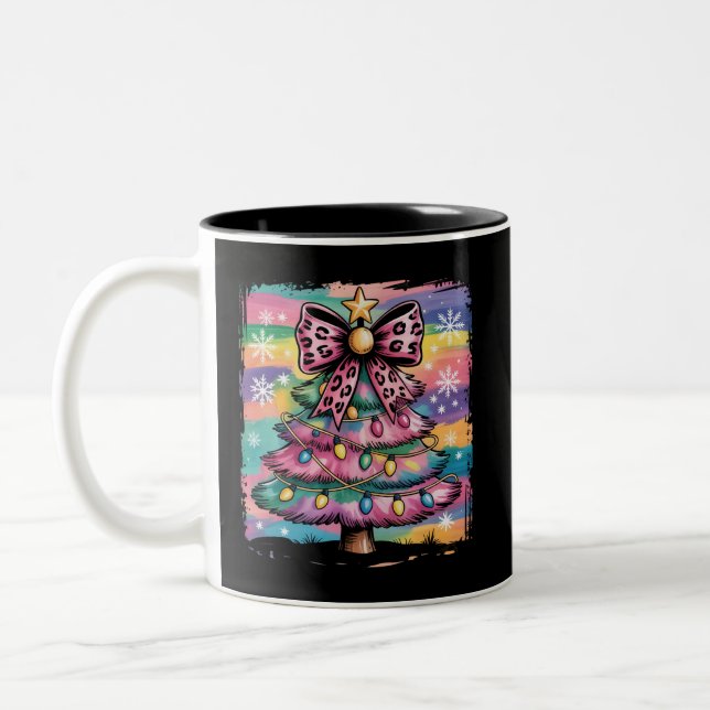Colourful Christmas Tree Coquette Preppy Pink Girl Two-Tone Coffee Mug (Left)