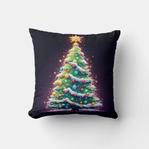 Colourful Christmas Tree Decorated with Lights Cushion