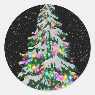 Colourful Christmas Tree on Black  Classic Round Sticker