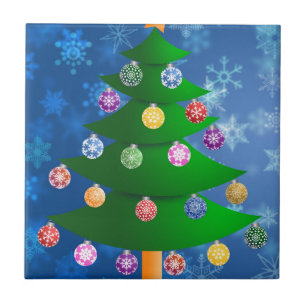 Colourful Christmas Tree on Blurred Snowflakes Ceramic Tile