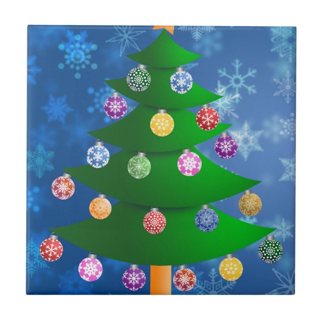 Colourful Christmas Tree on Blurred Snowflakes Ceramic Tile (Front)