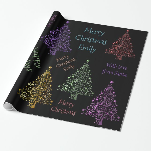 Colourful Christmas Tree Pattern with Name Wrapping Paper (Unrolled)