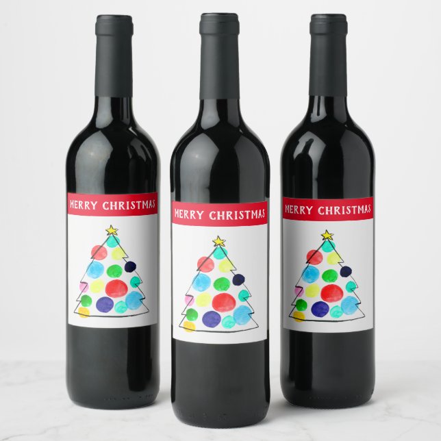 Colourful Christmas tree watercolor Wine Label (Bottles)