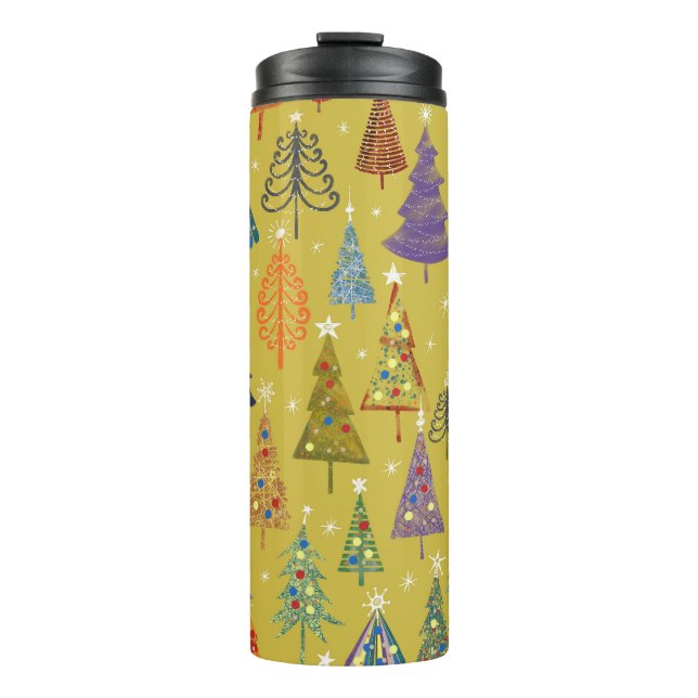 Colourful Christmas Trees: Festive Background. Thermal Tumbler (Front)