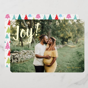 Colourful Christmas Trees Joy One Photo Foil Holiday Card