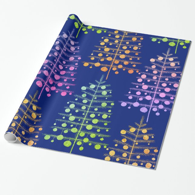 Colourful Christmas Trees Laden With Ornaments Blu Wrapping Paper (Unrolled)