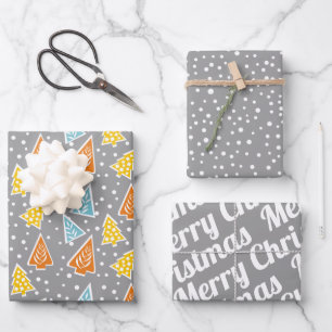 Colourful Christmas trees, "Merry Christmas", snow Wrapping Paper Sheet