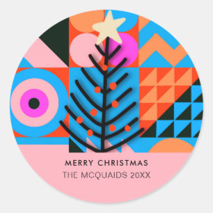 Colourful Christmas Trees Modern Geometric  Classic Round Sticker