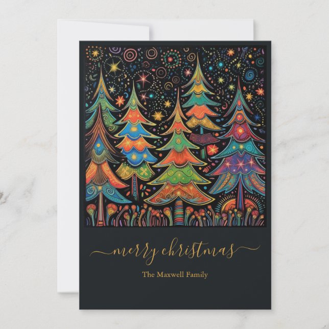 Colourful Christmas trees name Holiday Card (Front)