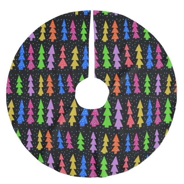 Colourful Christmas Trees on Black Brushed Polyester Tree Skirt (Front)