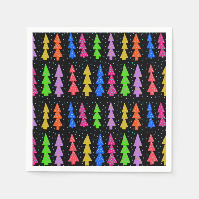 Colourful Christmas Trees on Black Napkin (Front)