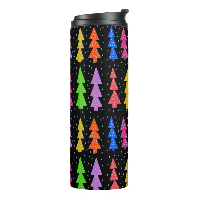 Colourful Christmas Trees on Black Thermal Tumbler (Rotated Left)