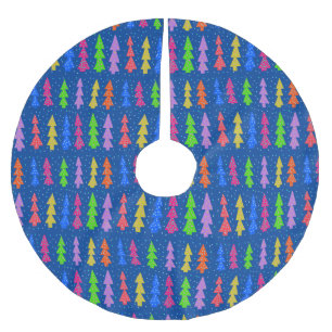 Colourful Christmas Trees on Blue Brushed Polyester Tree Skirt