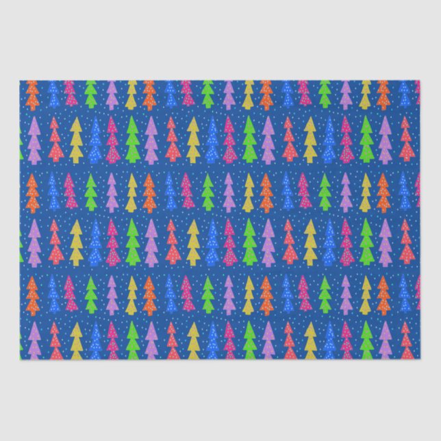 Colourful Christmas Trees on Blue Tissue Paper (Front)