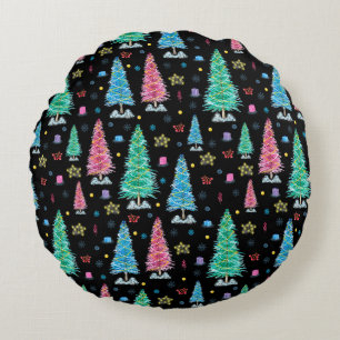 Colourful Christmas trees on Christmas night illus Round Cushion
