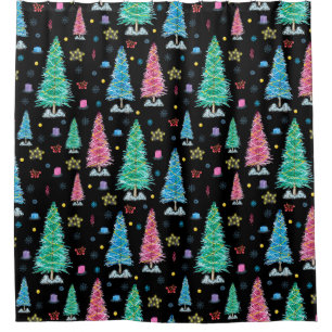 Colourful Christmas trees on Christmas night illus Shower Curtain