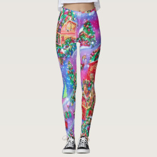 Colourful Christmas village with trees and houses  Leggings