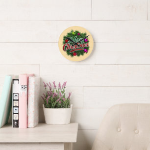 Colourful Christmas Wreath with Merry Greeting Round Clock